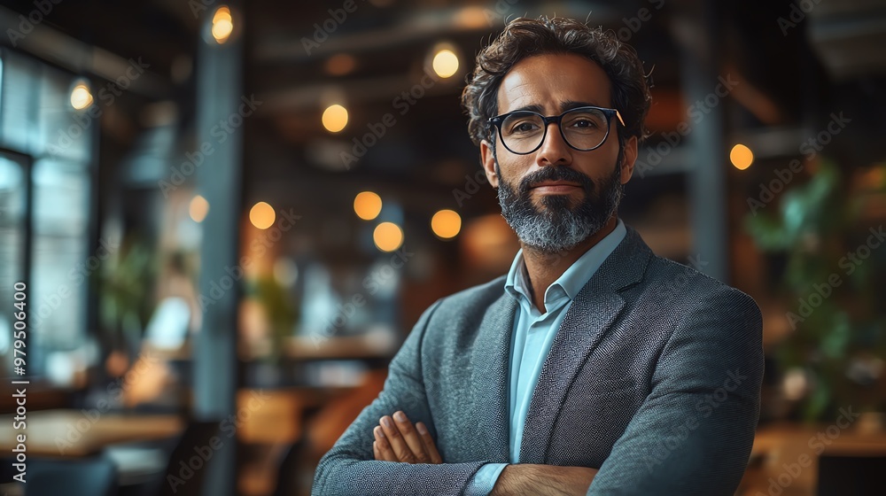 Confident businessman with arms crossed in a modern office setting. Confident businessman with arms crossed in a modern office setting.