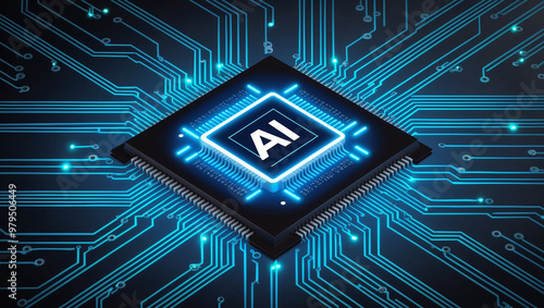 A glowing AI microchip embedded on a futuristic circuit board. Illuminated lines symbolize data flow and advanced technology, representing the power and complexity of artificial intelligence. photo