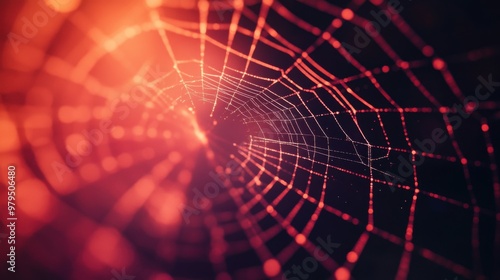 Close-up of illuminated spider web with dew droplets at night