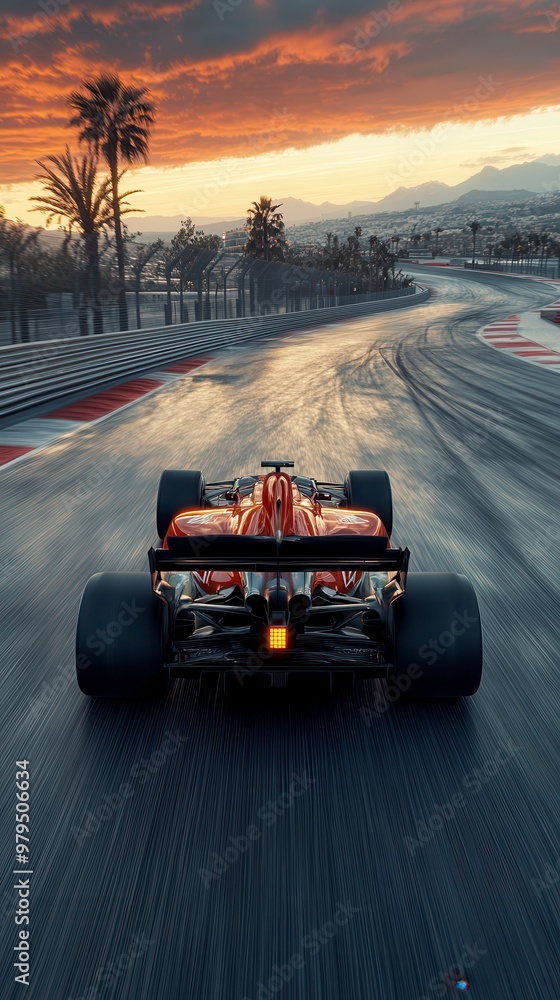 Obraz premium Red formula one car speeding on a racetrack at sunset