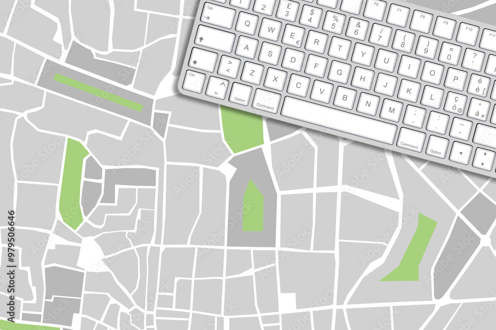 Imaginary Cadastral and General Urban Planning documentation with computer keyboard Imaginary Cadastral and General Urban Planning documentation with computer keyboard