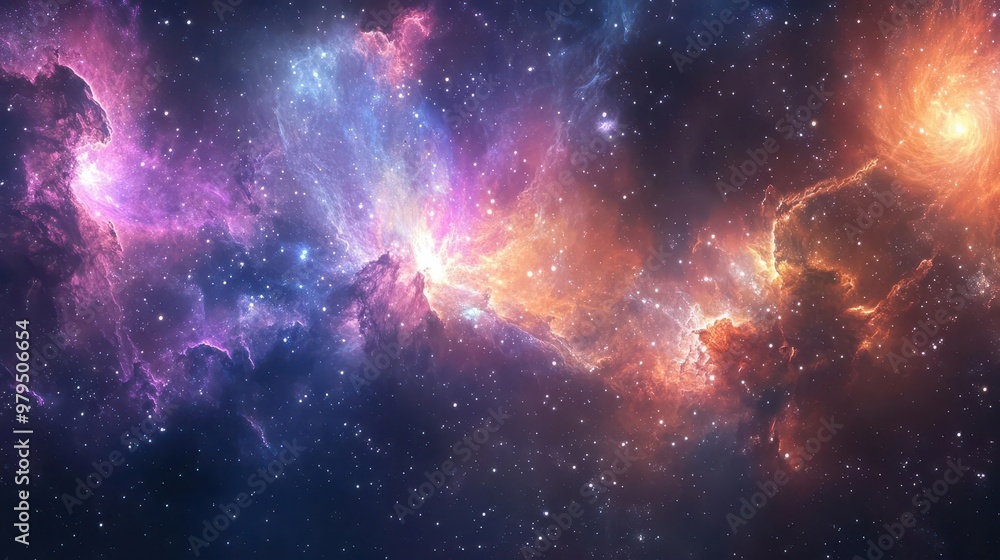 Naklejka premium cosmic kaleidoscope of vibrant nebulae swirling galaxies and twinkling stars breathtaking celestial panorama with ethereal colors and intricate cosmic patterns