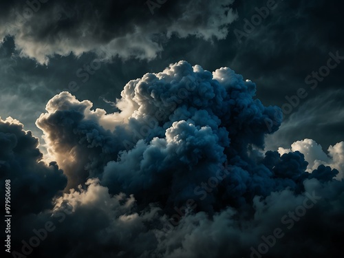 Billowing smoke clouds in moody blue tones against a dark background.