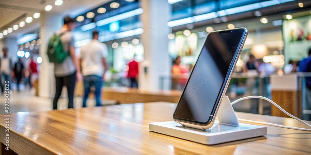 A sleek new smartphone is carefully placed on a charging dock inside a modern store in Bangkok, Thailand, amidst a bustling product launch atmosphere. A sleek new smartphone is carefully placed on a charging dock inside a modern store in Bangkok, Thailand, amidst a bustling product launch atmosphere.