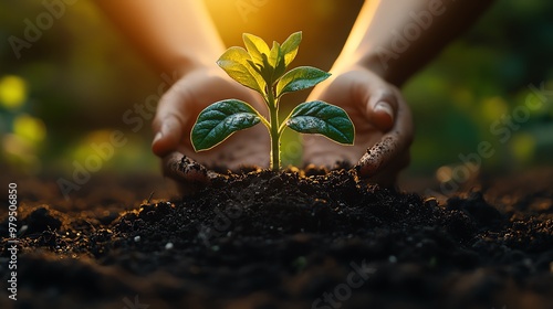 Close-up of hands gently holding a small seedling in rich soil. photo