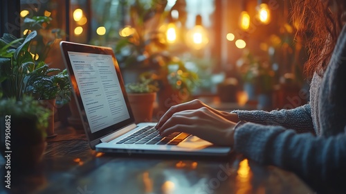 Hands typing on a laptop with a business plan document open, digital strategy planning