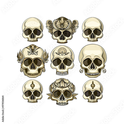 Set of nine ornate skulls with intricate designs