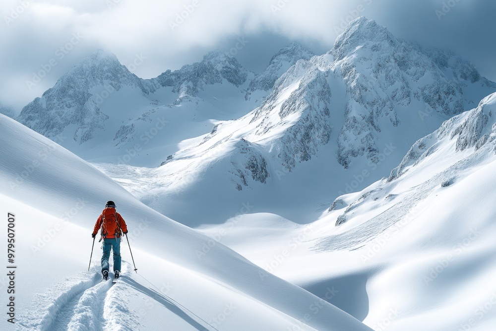 Solitary Skier Carving Fresh Tracks in Snowy Mountain Landscape under Sunlight with Phase One XF IQ4 150MP Telephoto Lens - High Contrast Shot Solitary Skier Carving Fresh Tracks in Snowy Mountain Landscape under Sunlight with Phase One XF IQ4 150MP Telephoto Lens - High Contrast Shot