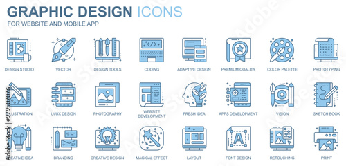 Graphic design web icons set in duotone line design. Pack of tools, coding, premium quality, color palette, prototyping, ui ux, photography, idea, other outline stroke pictograms. Vector illustration