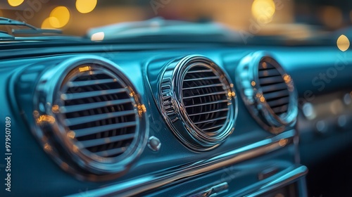 Air vents inside a classic car dashboard at night