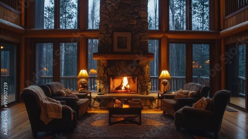 cozy interior featuring stone fireplace with crackling fire plush armchairs and warm ambient lighting creating inviting atmosphere