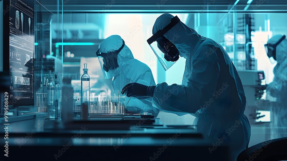 Scientists in Hazmat Suits Working in a Laboratory Scientists in Hazmat Suits Working in a Laboratory