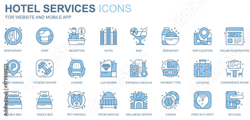 Hotel services web icons set in duotone line design. Pack of restaurant, chef, reception, bar, breakfast, map location, online reservation, guest, other outline stroke pictograms. Vector illustration
