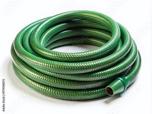 A solitary, coiled green garden hose lies horizontally on a clean white background, awaiting its next use for watering plants or washing outdoor surfaces.