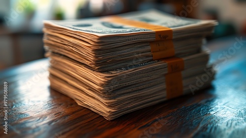 Two stacks of cash on a wooden table.