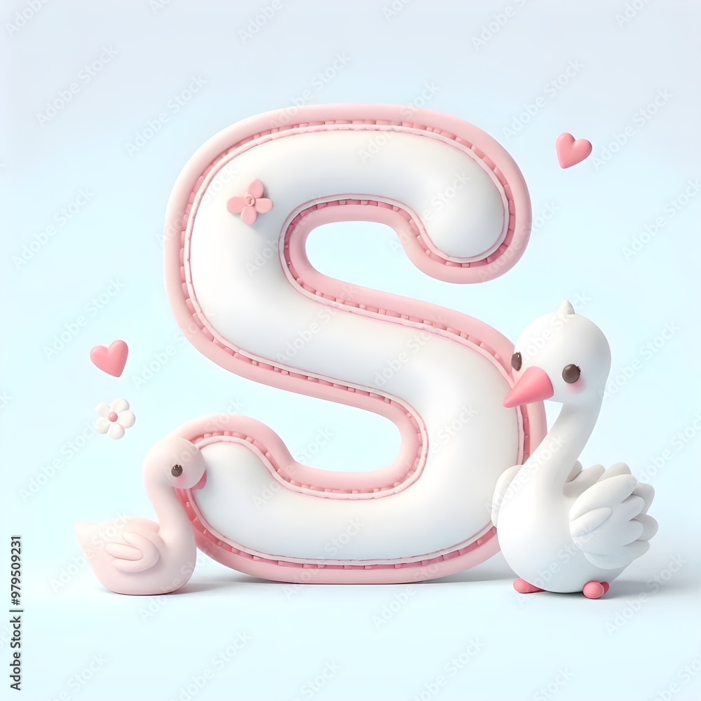 Obraz premium Sweet Swan Letter S: A charming 3D illustration of the letter S, adorned with a delicate pink border, a cute bow, and two adorable swan figurines. Perfect for baby showers, nursery decor.