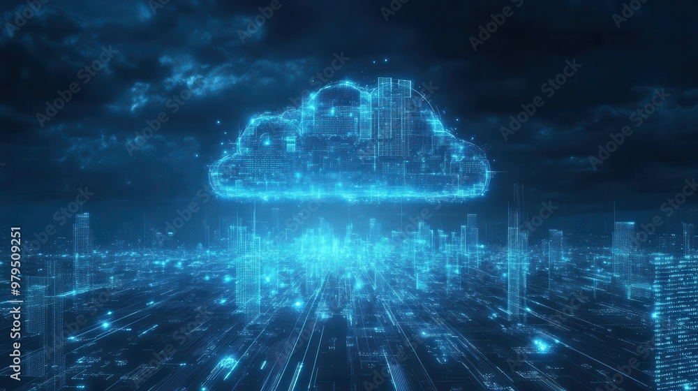 digital transformation glowing blue network of interconnected nodes forms cloud shape binary code streams and circuit patterns overlay futuristic cityscape digital transformation glowing blue network of interconnected nodes forms cloud shape binary code streams and circuit patterns overlay futuristic cityscape