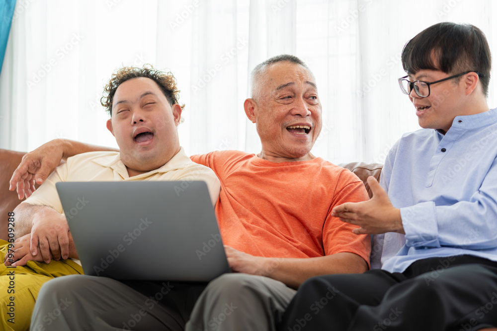 Cheerful grandfather and grandson using laptop doing a video call in living room, Senior asian man having a good time sitting on couch at home with adult son Cheerful grandfather and grandson using laptop doing a video call in living room, Senior asian man having a good time sitting on couch at home with adult son