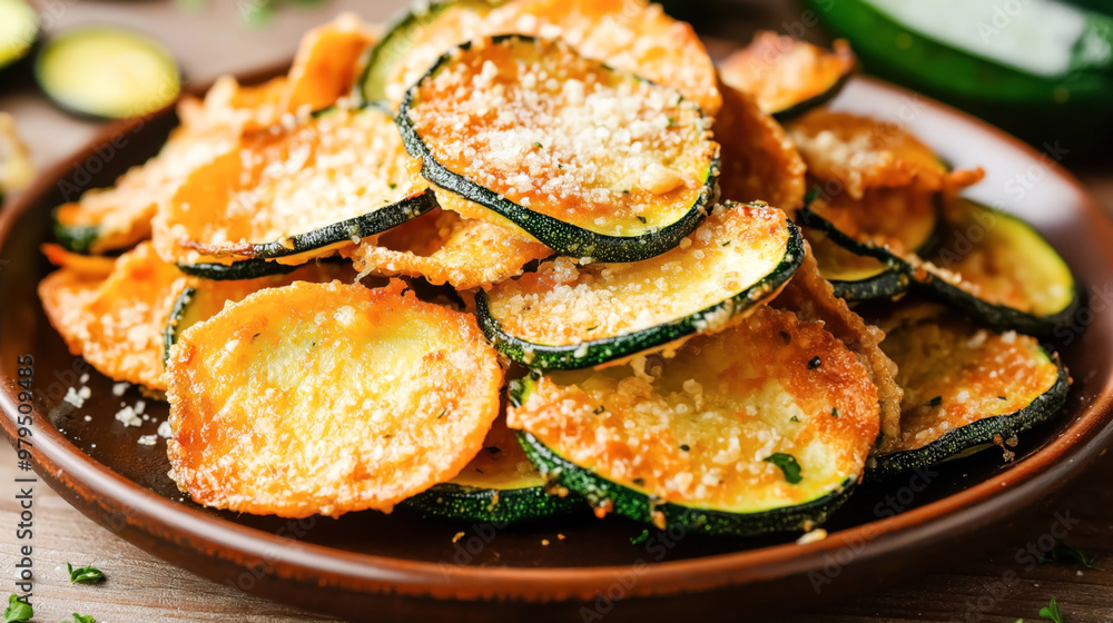 A plate of crispy baked zucchini chips topped with grated cheese and herbs, showcasing a golden brown texture. A plate of crispy baked zucchini chips topped with grated cheese and herbs, showcasing a golden brown texture.