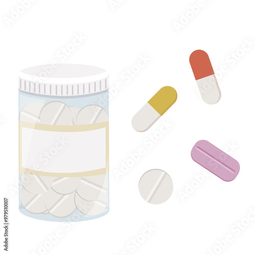 Pill bottle with different pills and capsules. Medical illustration. Prescription drugs. Each element isolated on white background. 