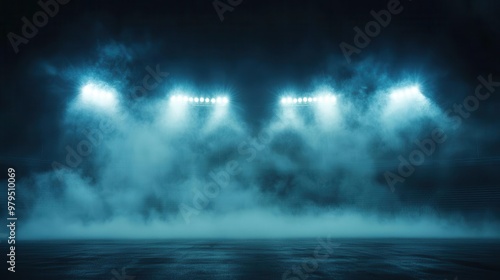 dramatic stadium floodlights piercing night sky beams cut through billowing smoke creating ethereal atmosphere empty arena anticipates thrilling event stark contrast between light and darkness