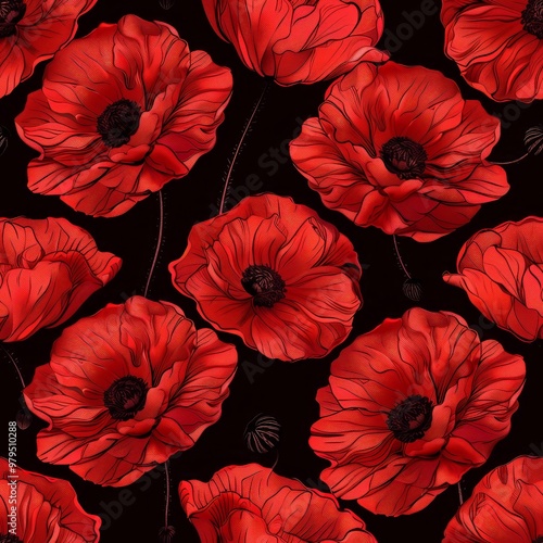 watercolor poppies pattern with a red flower background. ai generated
