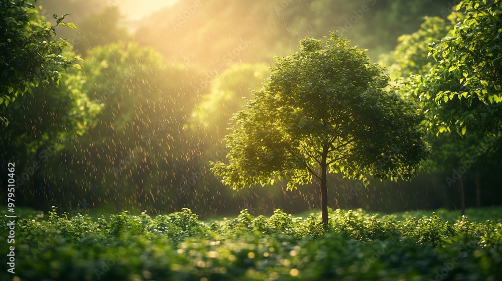 Fototapeta premium Tree in a Sunlit Forest During Rain