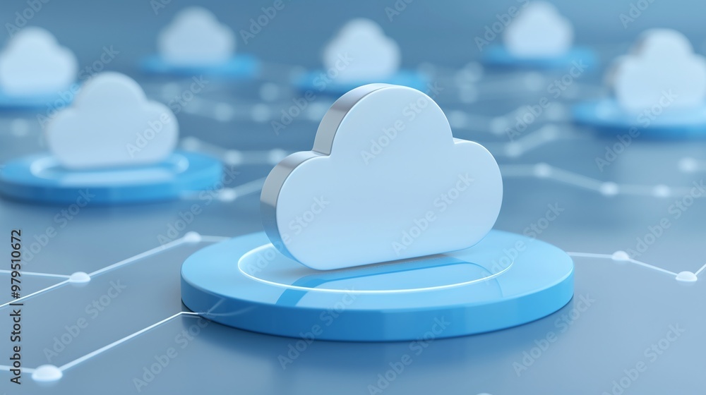 Stylish cloud icon on a blue platform, representing cloud computing and digital connectivity in a modern tech environment. Stylish cloud icon on a blue platform, representing cloud computing and digital connectivity in a modern tech environment.