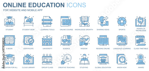 Online education web icons set in duotone line design. Pack of student, desk, learning tools, course, knowledge growth, sharing idea, university, other outline stroke pictograms. Vector illustration