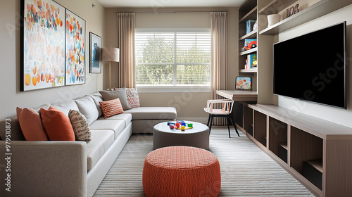 A family room with dual functionality, featuring a comfortable seating area for relaxation, a kids’ corner with a play mat, and storage solutions to keep the space organized and clean photo