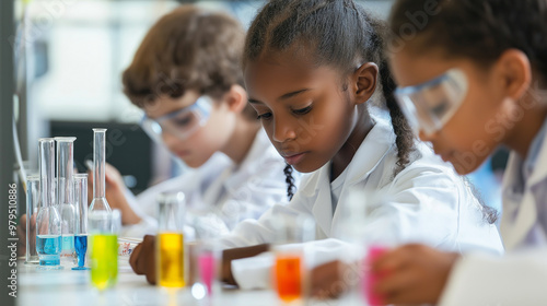 Large group of diverse children in lab coats in chemistry class having fun with science experiment, concept, education, learning, development