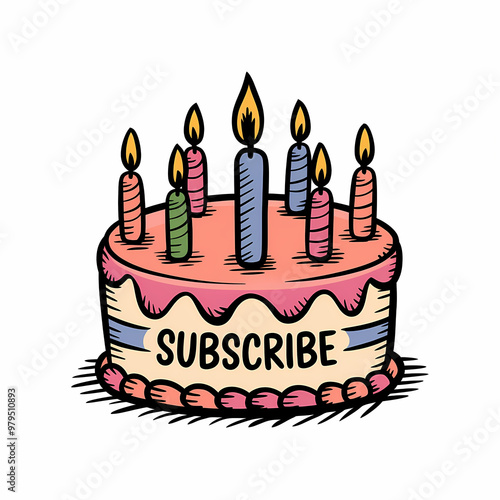 A subscribe button floating on a cloud, surrounded by rainbows, abstract illustration