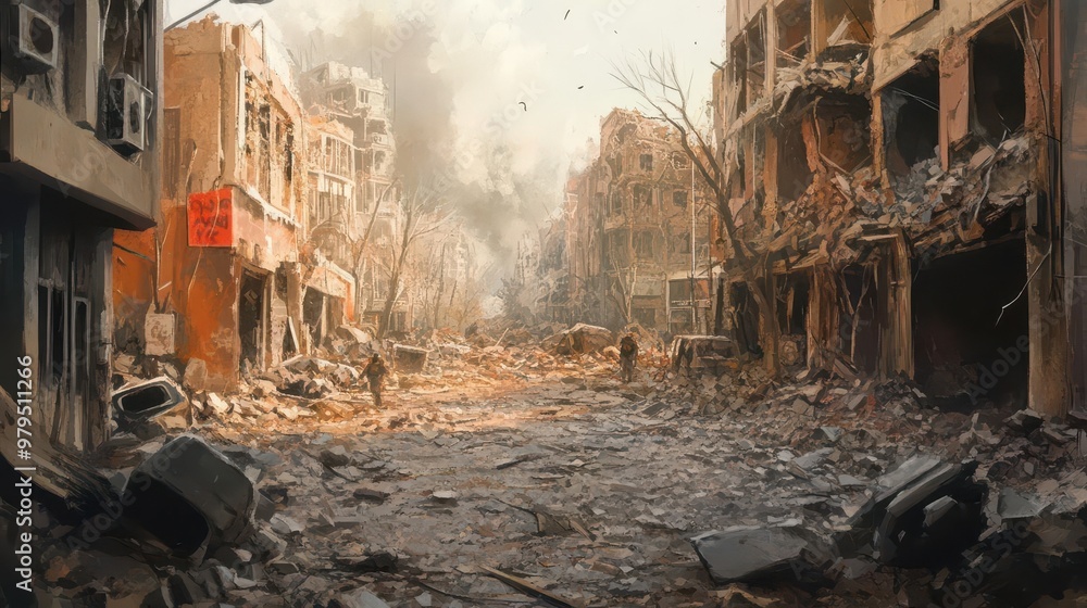 earthquake aftermath with crumbled buildings debrisfilled streets and distressed survivors digital painting earthquake aftermath with crumbled buildings debrisfilled streets and distressed survivors digital painting