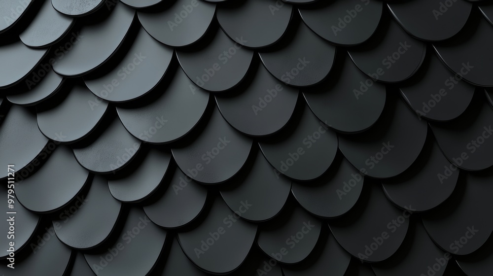 Three-dimensional, fish-scale mosaic tiles arranged like a wall. Semigloss, black blocks stacked to create a futuristic block background. Three-dimensional rendering. Three-dimensional, fish-scale mosaic tiles arranged like a wall. Semigloss, black blocks stacked to create a futuristic block background. Three-dimensional rendering.