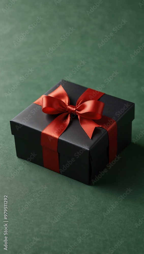 Black matte gift box with a glossy red ribbon on a green background. Black matte gift box with a glossy red ribbon on a green background.