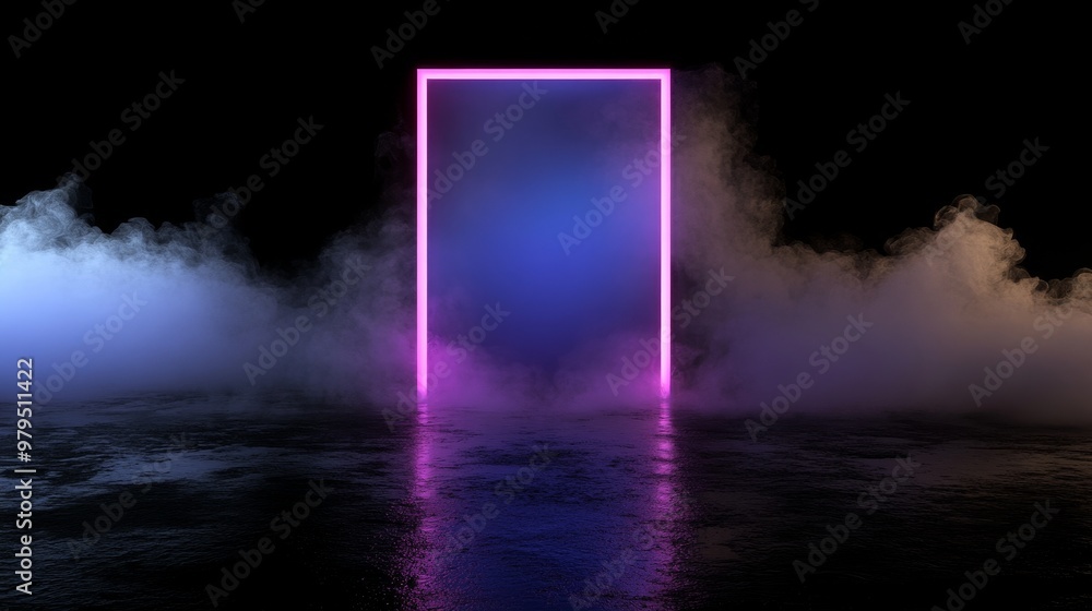 A futuristic cloud formation with a rectangle-shaped neon frame and pink and blue colors. A futuristic cloud formation with a rectangle-shaped neon frame and pink and blue colors.