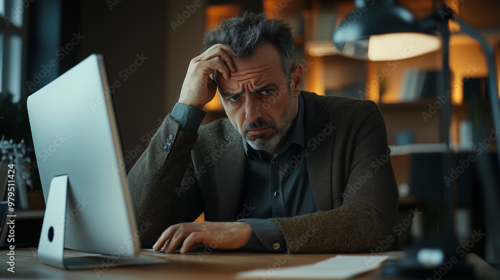 Tired businessman, working computer in office, overworked in the evening. Concept of sick, employee, manager, feeling tired, stressed, headache, negative. Tired businessman, working computer in office, overworked in the evening. Concept of sick, employee, manager, feeling tired, stressed, headache, negative.
