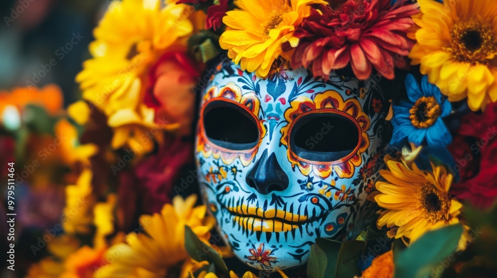 A Sugar Skull Mask Adorned with Vibrant Flowers A Sugar Skull Mask Adorned with Vibrant Flowers