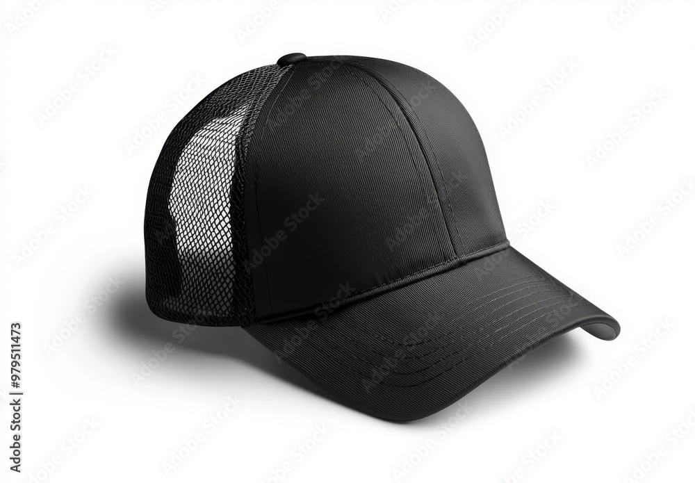 A mock-up for branding of a trucker cap and a snapback. All black, black mesh. Isolated on white. A mock-up for branding of a trucker cap and a snapback. All black, black mesh. Isolated on white.