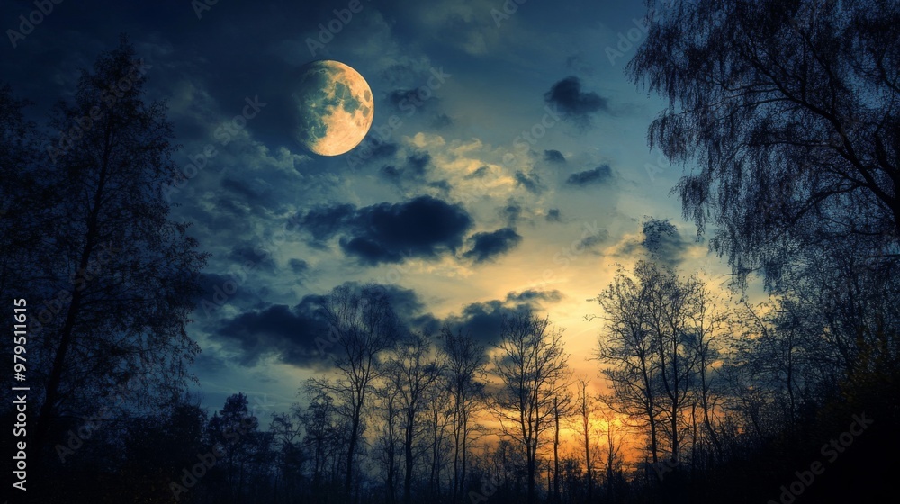 Silhouetted Trees Against a Dramatic Twilight Sky with a Crescent Moon Silhouetted Trees Against a Dramatic Twilight Sky with a Crescent Moon