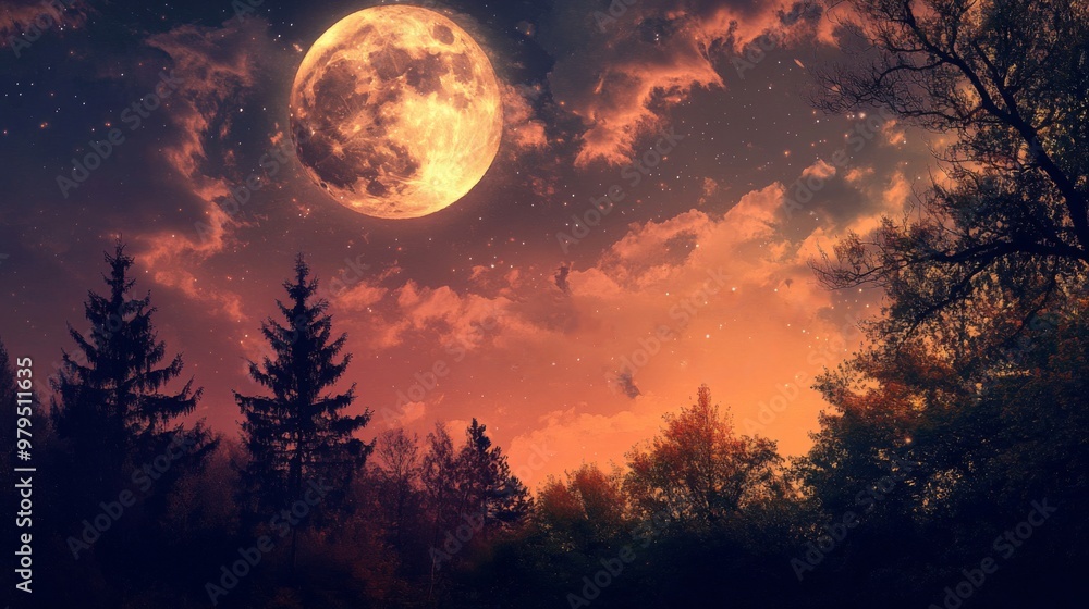 Full Moon and Silhouetted Trees in a Night Sky with Stars Full Moon and Silhouetted Trees in a Night Sky with Stars
