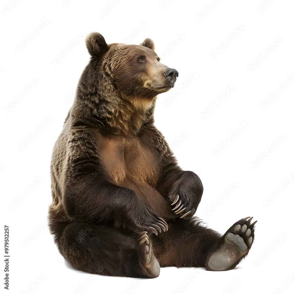 Fototapeta premium Grizzly Bear Sitting Calmly with Front Paws Resting on the Ground, Isolated on a White Background with Detailed Fur and Natural Lighting