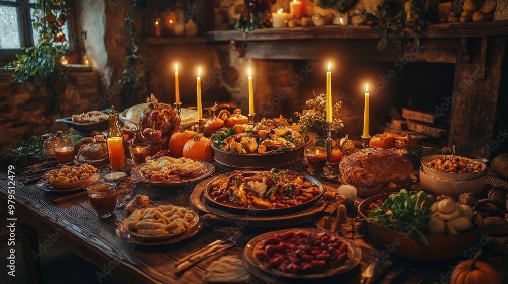 Rustic Medieval Feast with Candles and Food Rustic Medieval Feast with Candles and Food