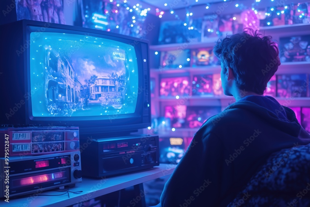 Retro Vibes: A young man lost in the glow of a vintage TV screen, surrounded by the nostalgic charm of a neon-lit bedroom. A captivating blend of old-school and modern aesthetics. Retro Vibes: A young man lost in the glow of a vintage TV screen, surrounded by the nostalgic charm of a neon-lit bedroom. A captivating blend of old-school and modern aesthetics.