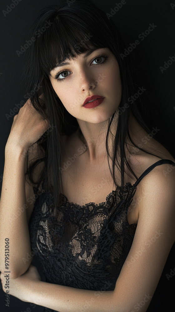 Naklejka premium A woman with long black hair and a black lace top poses for a photo