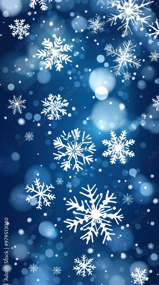A blue background with white snowflakes and bokeh lights astronomy outdoors nature. A blue background with white snowflakes and bokeh lights astronomy outdoors nature.