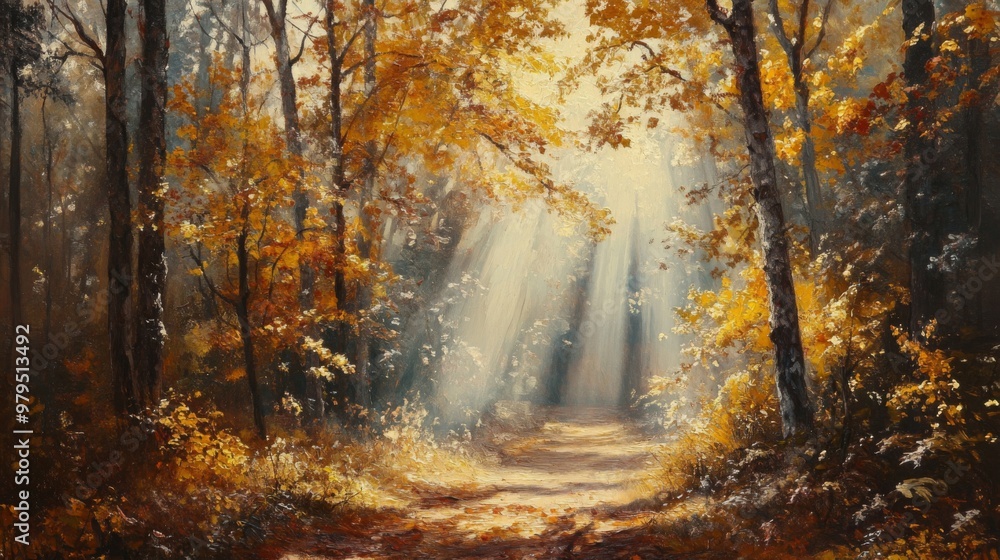 Sunbeams Illuminating a Path Through an Autumnal Forest Sunbeams Illuminating a Path Through an Autumnal Forest