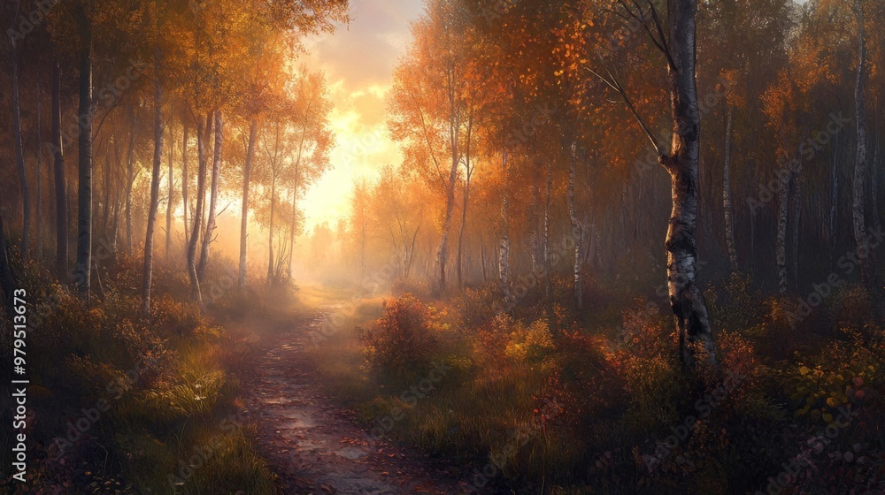 Sunlit Path Through Misty Autumn Forest Sunlit Path Through Misty Autumn Forest