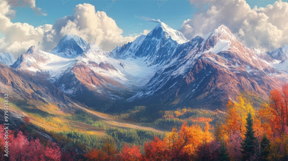 Fototapeta premium Majestic Snow-Capped Mountains with Autumnal Forest in Foreground