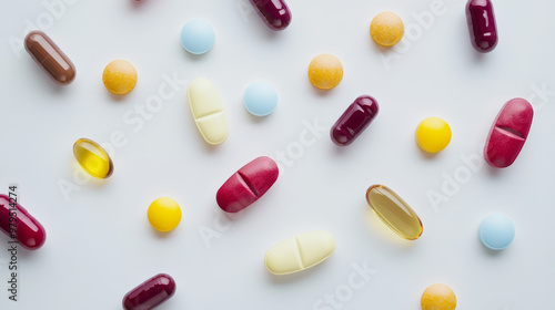 A bunch of colorful vitamin pills against a plain white backdrop.